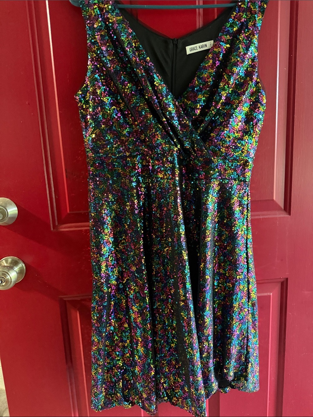 Grace Karin Black Multicolor Sequin V-Neck Party Dress